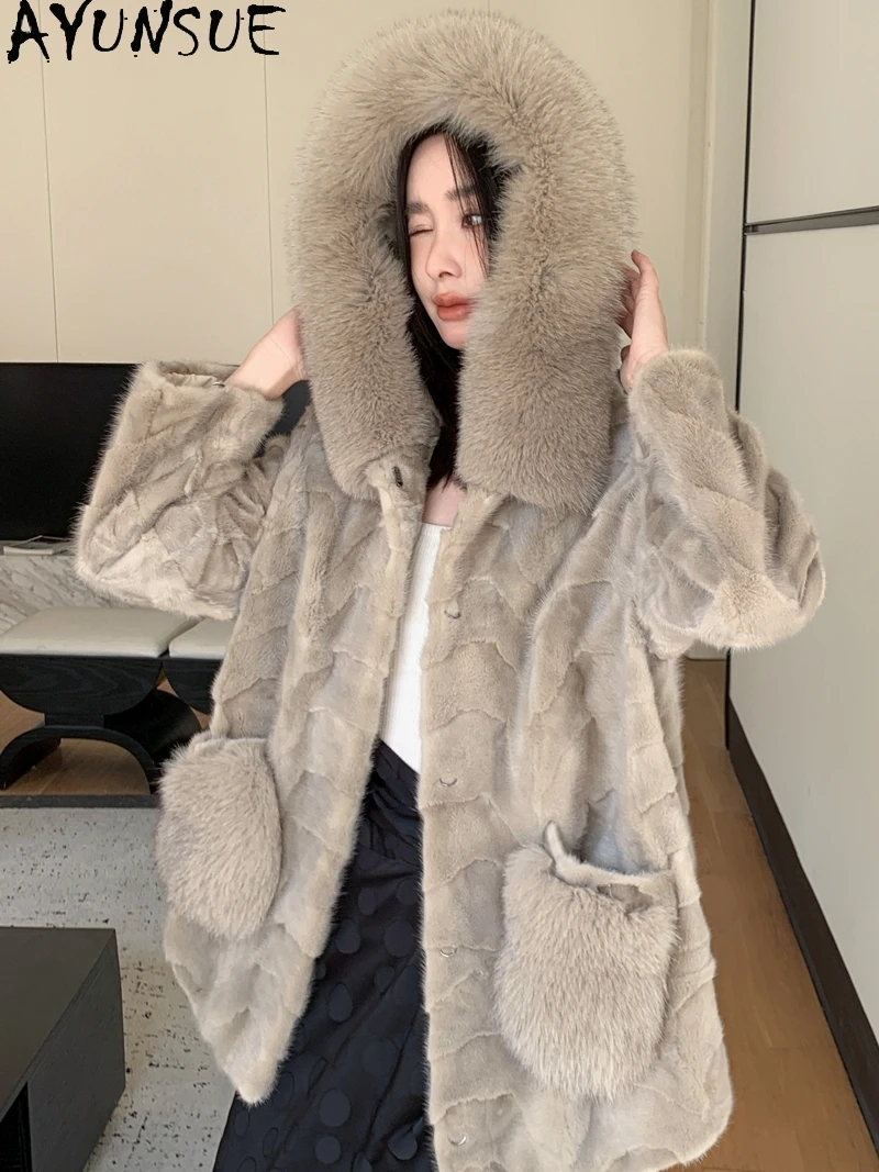AYUNSUE Natural Mink Fur Jackets Woman Luxury Fox Fur Hooded Winter Jacket for Woman Clothes High Quality Fur Coat Кофта С Мехом