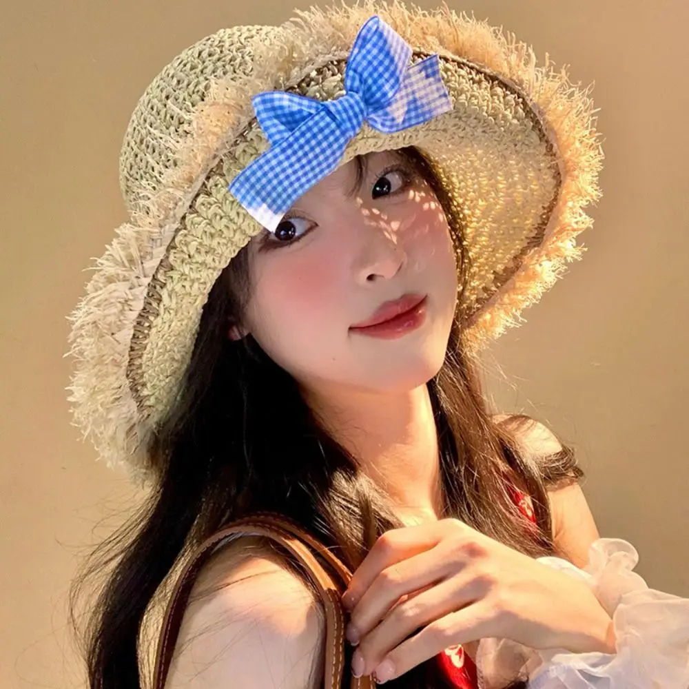 

Fashion Elegant Big Bowknot Sun Hat Sweet Breathable Woman's Straw Hat Hollow Weaving Wide Brim Lace Brim Sunshade Cap Girls