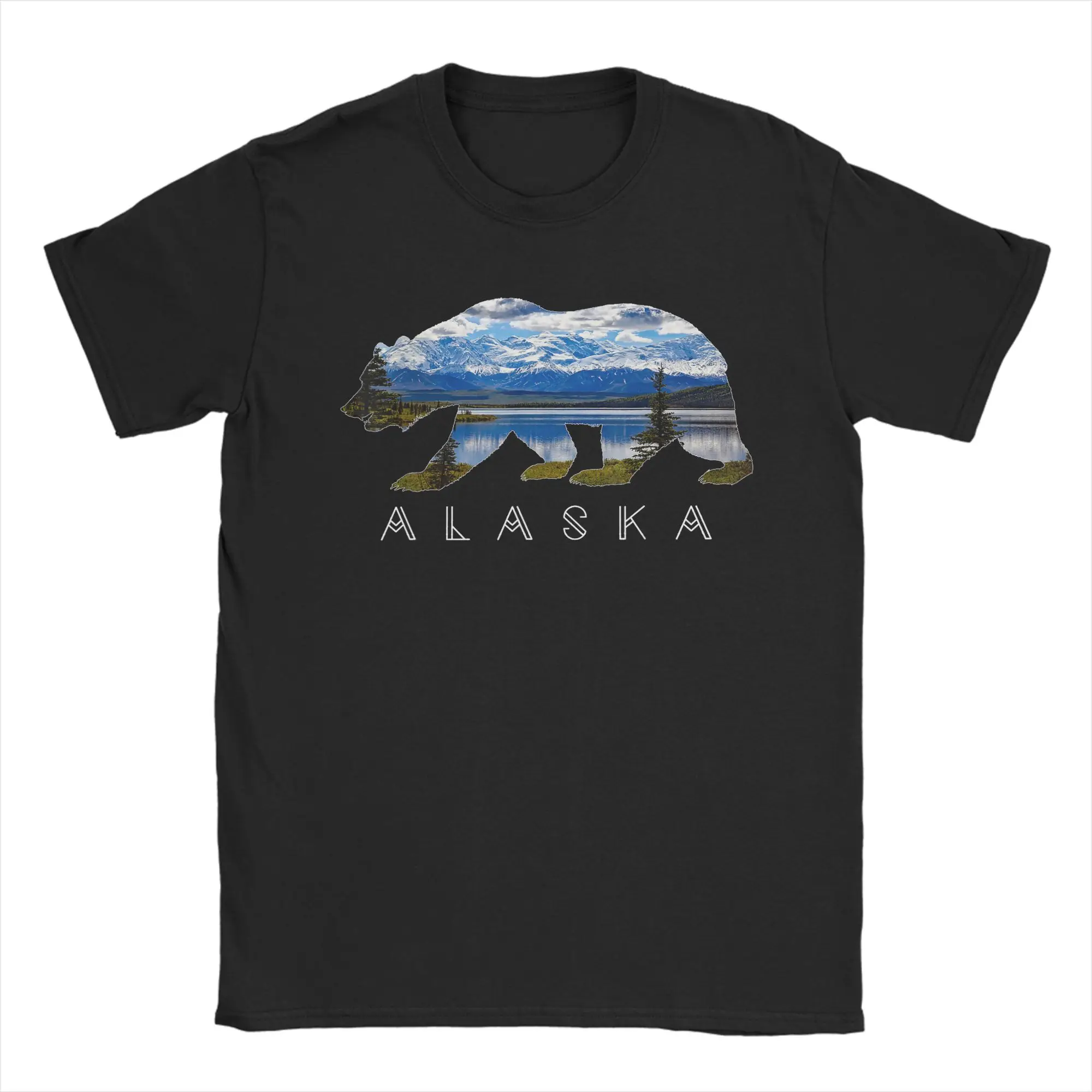 Alaskan Bear Moose Eagle Lake and Mountain Aurora Borealis T Shirts Men Cotton T-Shirt Round Neck Tee Shirt Short Sleeve Clothes