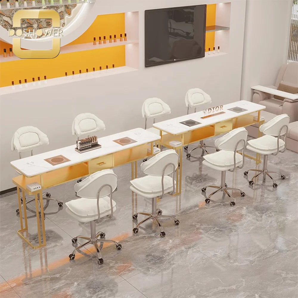 Professional Manicure Table & Chair Set with Gold Iron Art Nail Tables for White Simple Vacuum Marble Manicure Table