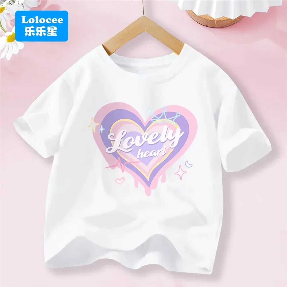 Mädchen-T-Shirt mit kurzen Ärmeln, mit einem hübschen Herzmuster, aus Baumwolle, ideal für Sommerpartys und Freizeitaktivitäten, für Kinder im Alter von 3 bis 14 Jahren.