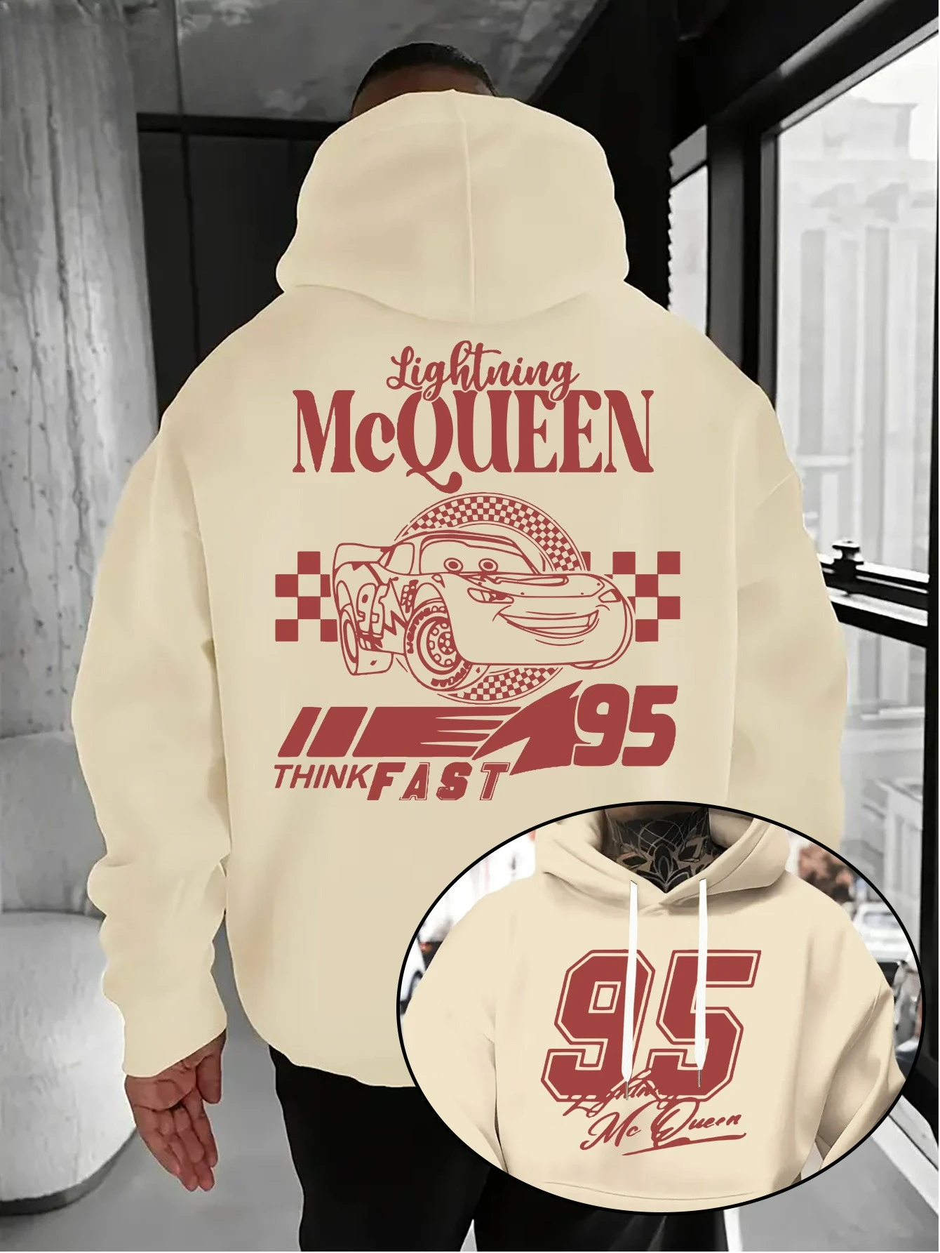 سترة نسائية بغطاء للرأس من Disney Car Lightning McQueen للخريف والشتاء، بلوفر كاجوال للزوجين، ملابس رياضية، سترة بغطاء للرأس كبيرة جدًا