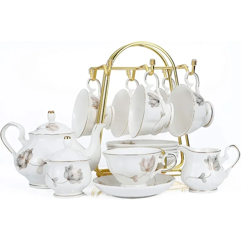 

%a Porcelain Ceramic 22-Piece Tea Set, Teapot and Cup Set, 30.7 Ounces, for 6, Gift Sets, Tea or Coffee Lovers
