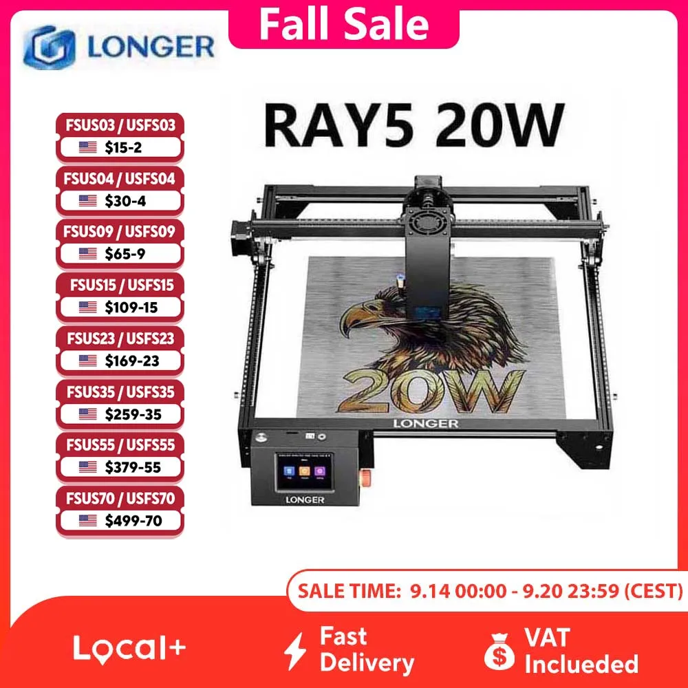 LONGER RAY5 20W Laser Engraver 32-bit Chipset WIFI 0.08*0.1mm Laser Spot Touch Screen Engraving Cutting Machine Area 375*375mm