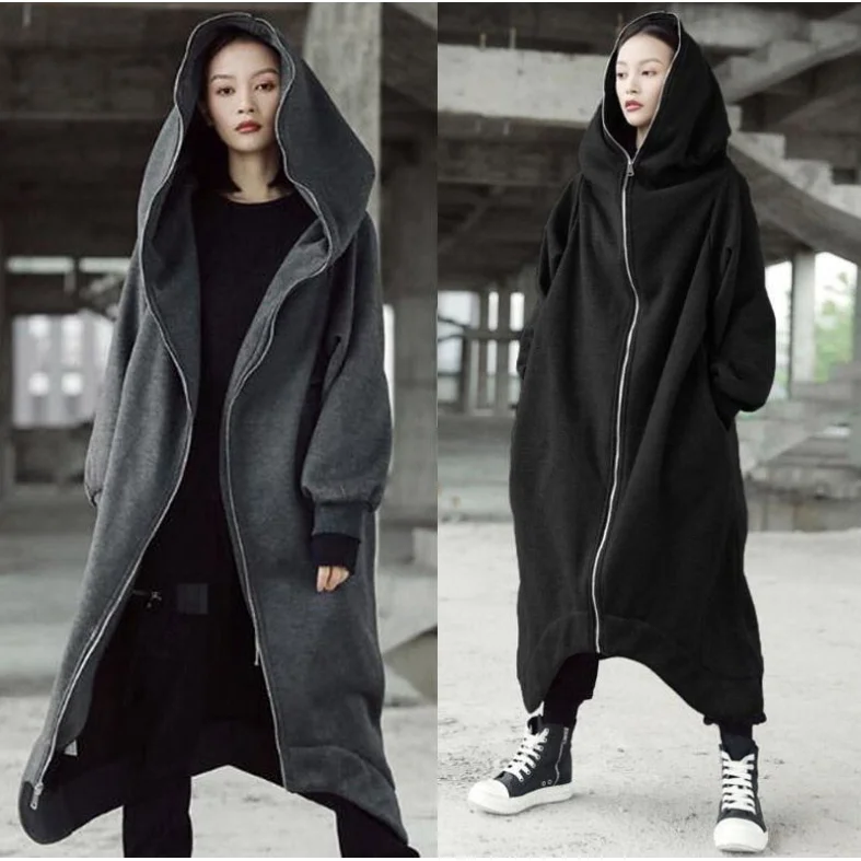 

Street Style Zipper Long Hoodie Dress Knee-Length Oversize Outerwear Thin New Arrival Spring Autumn Large Size Coat