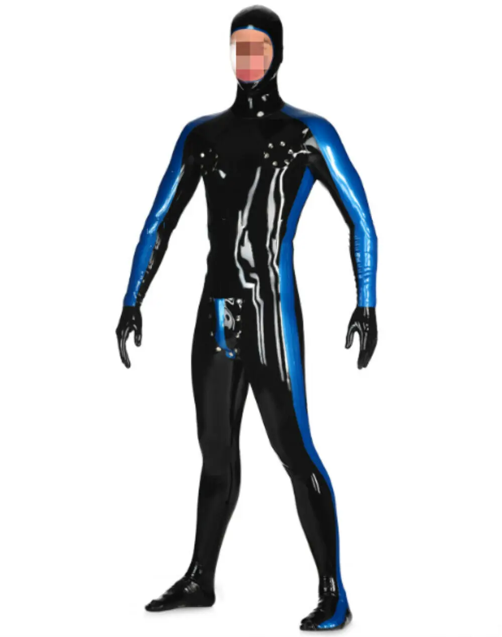 

Latex Gummi Catsuit Sexy Schwarz Navy blau Sport Cosplay Headhood Overall 0.4mm