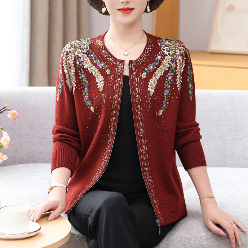 

Beading Cardigans Spring Autumn Sweater Women Knitted Top Femme Fashion Mother Casual Zipper Female Cardigan Coat