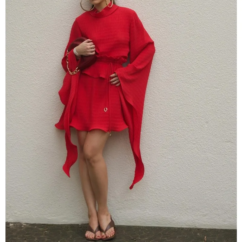 

Women's Clothing 2025 Autumn New Semi-turtleneck Horn Sleeve Waist Lace-up Dress Set Fashion Party Style