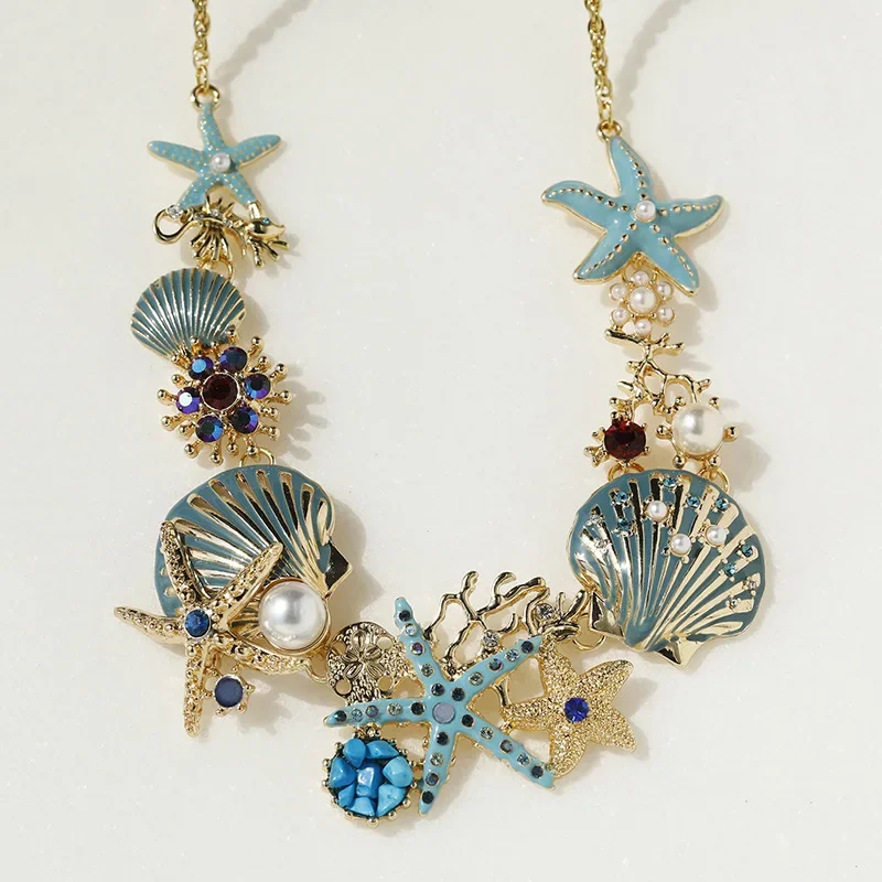 Beach Multicolor Starfish Shell Shining Rhinestones Pendant Necklace Bracelets Set