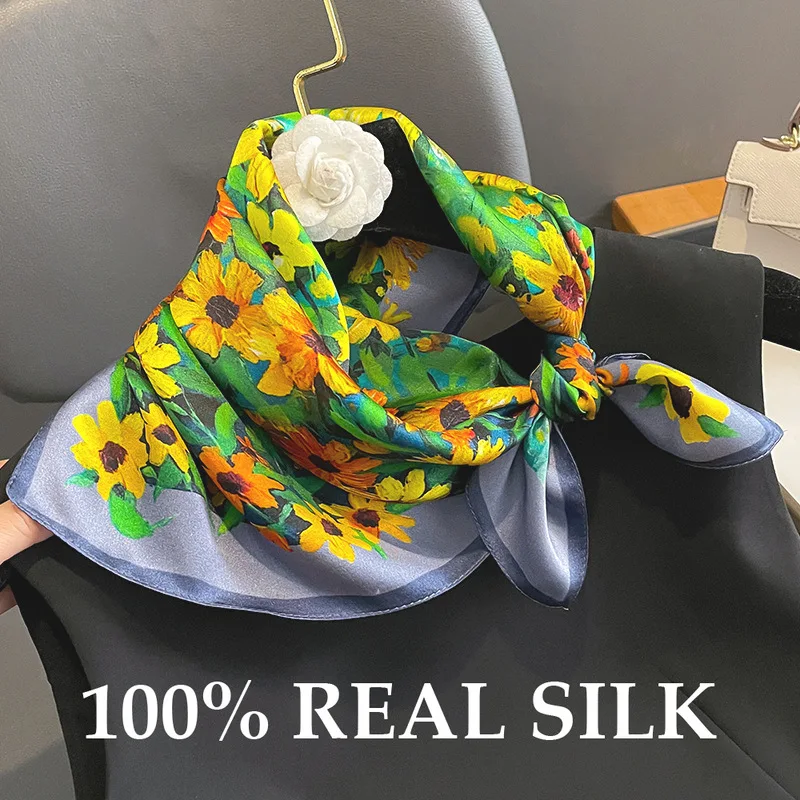 

100% Real Silk 2026 New Fashion Women Square Shawl Wrap Luxury Bandana Kerchief Femme Fourlard Echarpes Stoles Hijab Headband