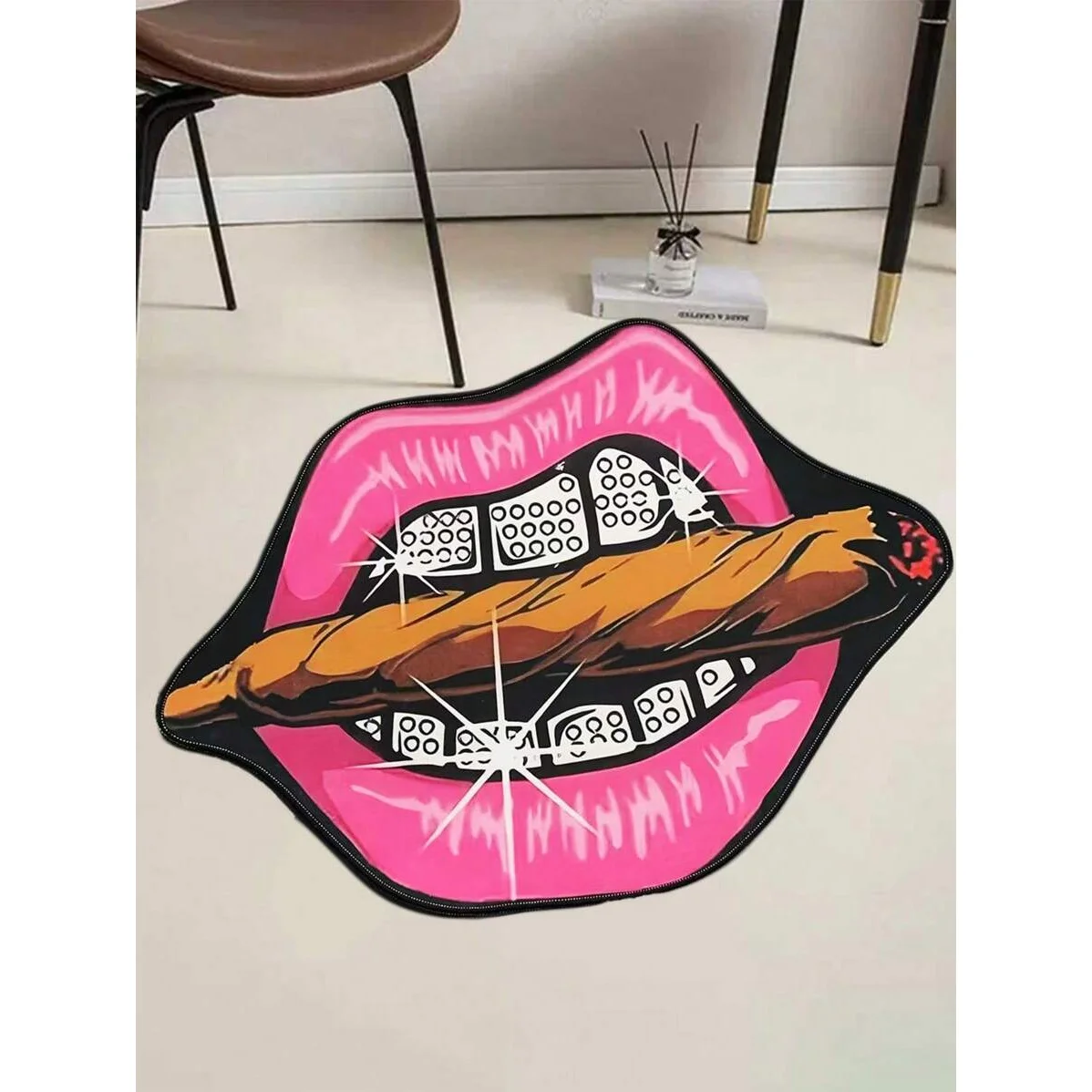 VIKAMA Hip Hop Lips Cigar Irregular Doormat 2D Printed Non Slip Waterproof Floor Mat For Trendy Indoor Home Decor