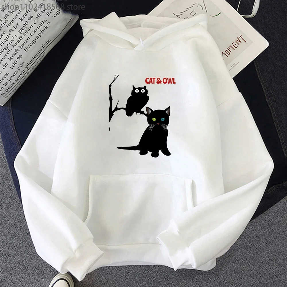 A Cat and An Owl Hoodies Cartoon Graphic Sweatshirts Harajuk Y2k Clothes Streetwear Women Long Sleeve Pullovers Male Men Tops