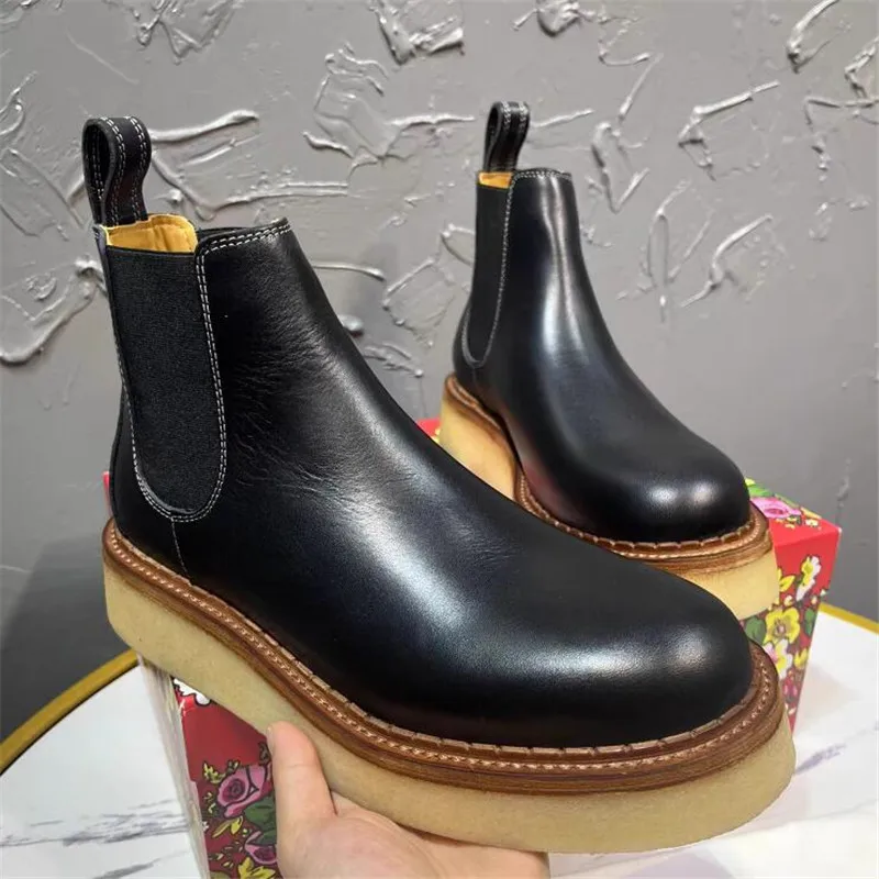 Fashion Man Chelsea Boots Chunky Heel Men Black High Designer Boot