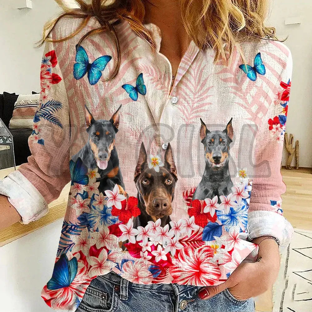 YX GIRL Doberman Tropical Floral Casual Shirt  3D Printed Button-down Shirt Casual Unique Streewear