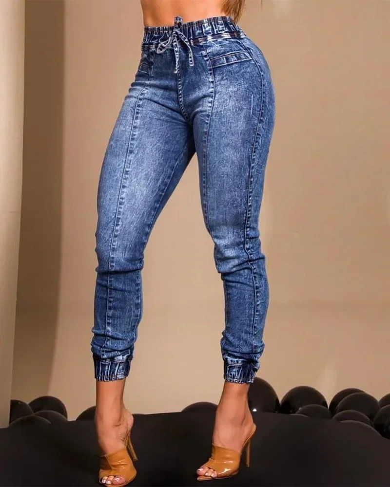 Calça jeans feminina cintura elástica azul lápis bolsos streetwear casual magro high street zíper plano 2023 outono y2k maxi capris