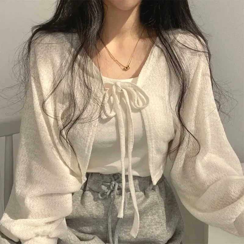 

2025 White Knitted Cardigan Female Korean Style Lantern Sleeve Short Coat Women Summer Thin Sunscreen Lace-Up Knitwear Tops New