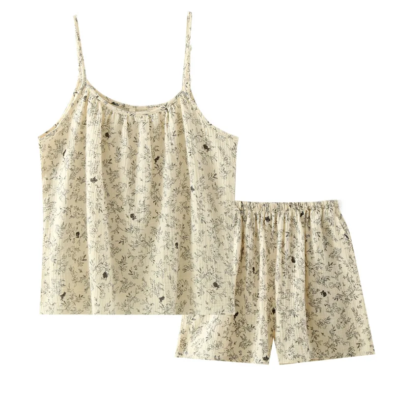 

Crepe Cotton Floral Print Sleeveless Pajamas Gril's Summer Suspender Short Sleeve Shorts Set Loungewear Pajamas Set