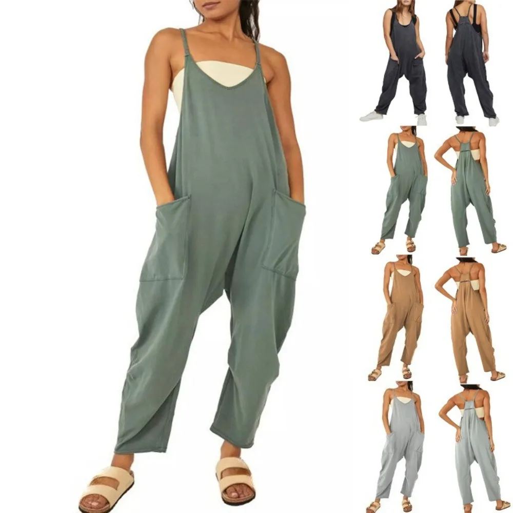 

European and American Women's Best-selling Zipper Pocket Suspender Trousers Jumpsuits