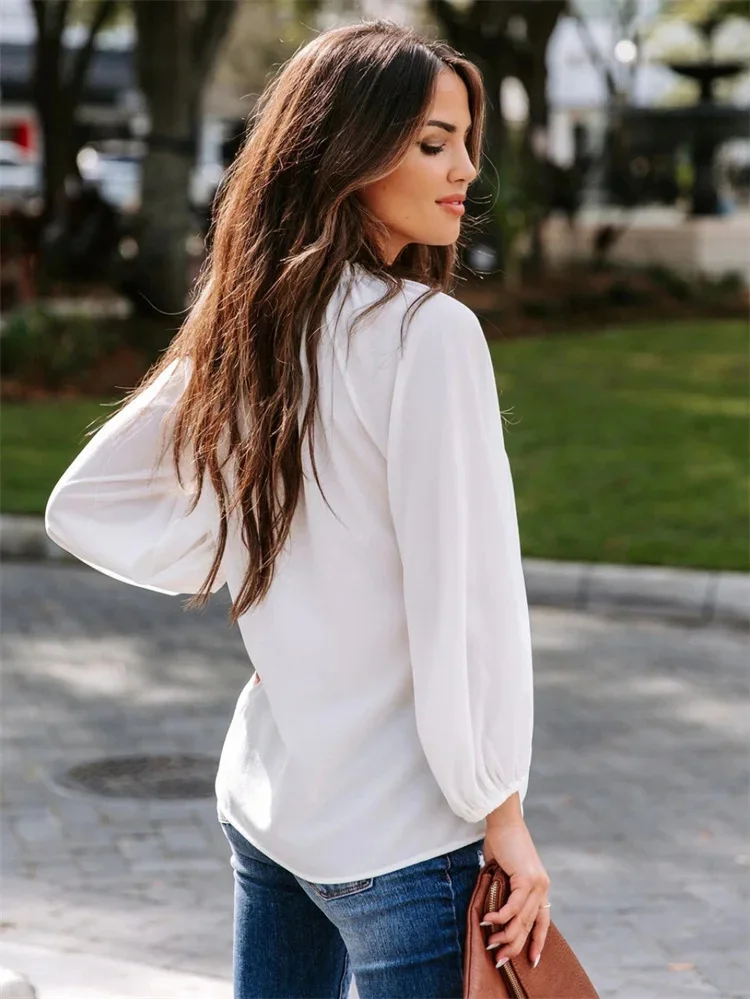 Women Spring Summer Style Blouses Shirts Lady Casual Long Lantern Sleeve V-Neck Solid Color Blouse Tops