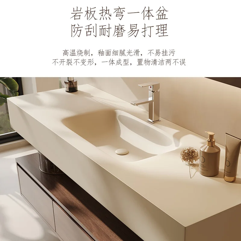 Medieval walnut color rock slab hot bending integrated basin washbasin toilet bathroom cabinet combination hand washbasin