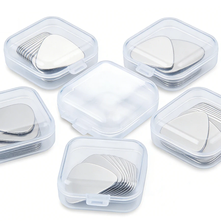6/12 Stück 0,3 mm Edelstahlplektren & 3,5 cm Mini-Aufbewahrungsbox für Gitarre, Ukulele, Bass, konventionelle Saiteninstrumente, Zubehör