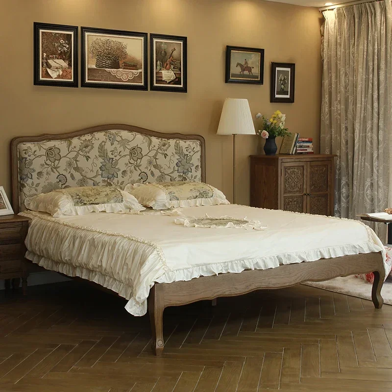 Retro Solid Wood Oak Bed Bedroom American Fabric Double Jacquard Imported Furniture Pastoral