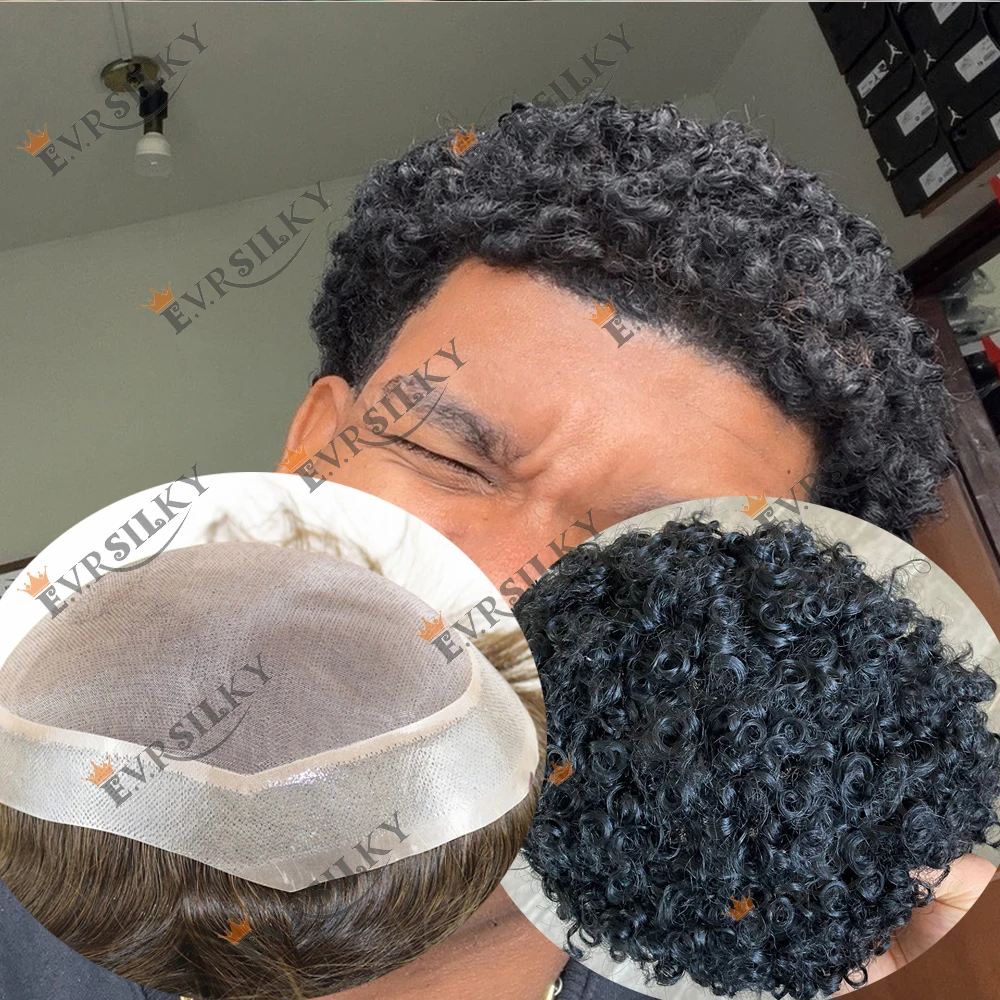 

European Brown Blonde Black Afro Mens 8mm 10mm Curly 100% Human Hair Wig Durable Bald Weave Toupee Undetectable Mono PU Prosthe