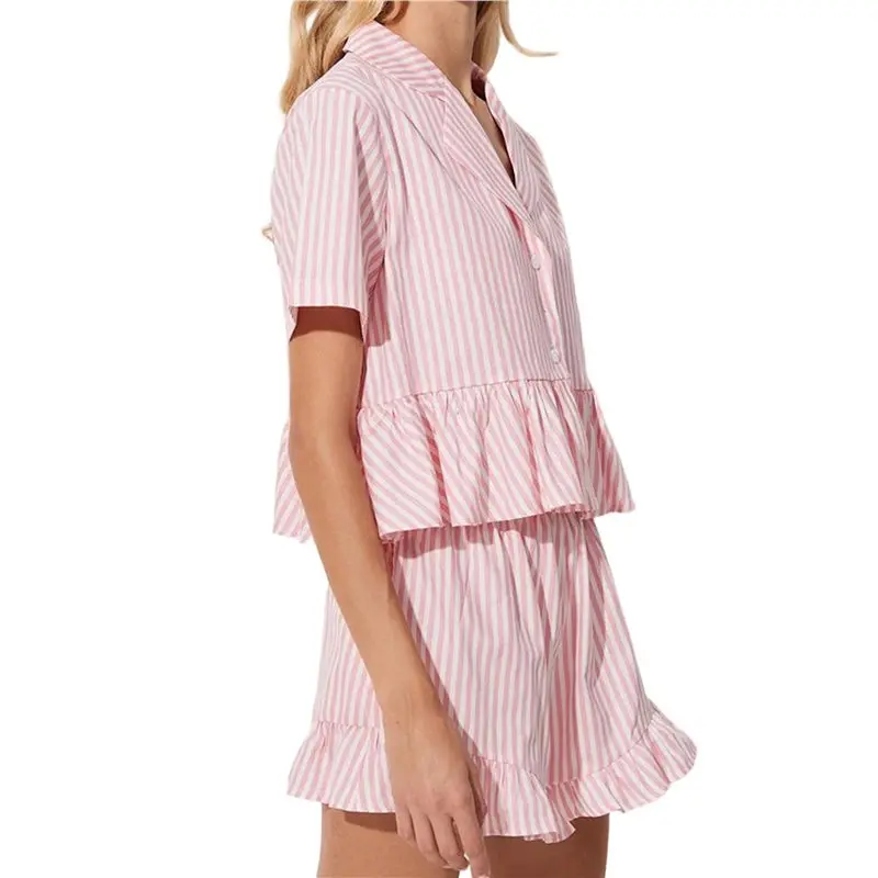 

CYL-Women Ruffle 2 Piece Sets Button Down Shirts And Shorts Stripe Sets