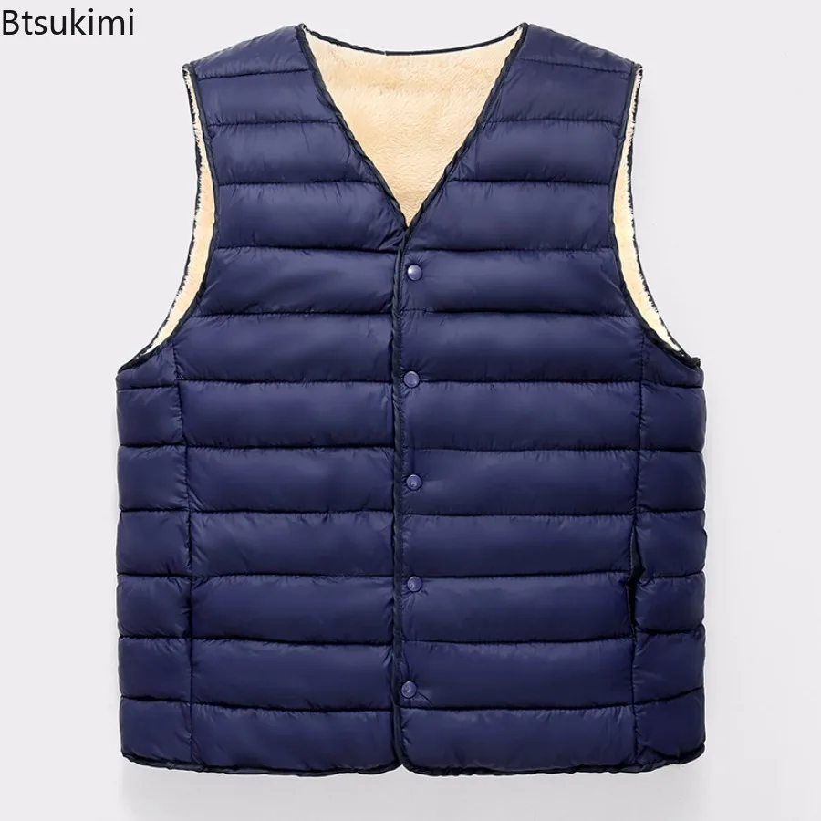 2024 Winter Warm Vest Men's Comfort Padded Plush Single-breasted Sleeveless Cold-proof Inner Wear Vest Outdoor Thicker Waistcoat