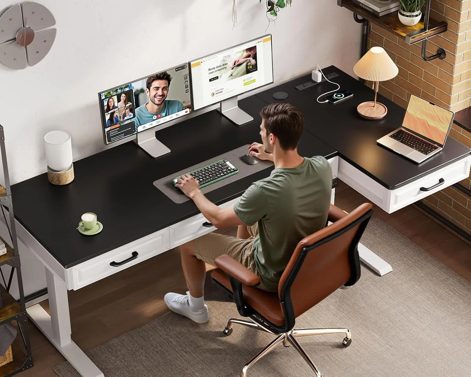 L-Shape Electric Standing Desk 63in Adjustable Corner Workstation with Drawers Outlets Sit Stand Home Office, Customized