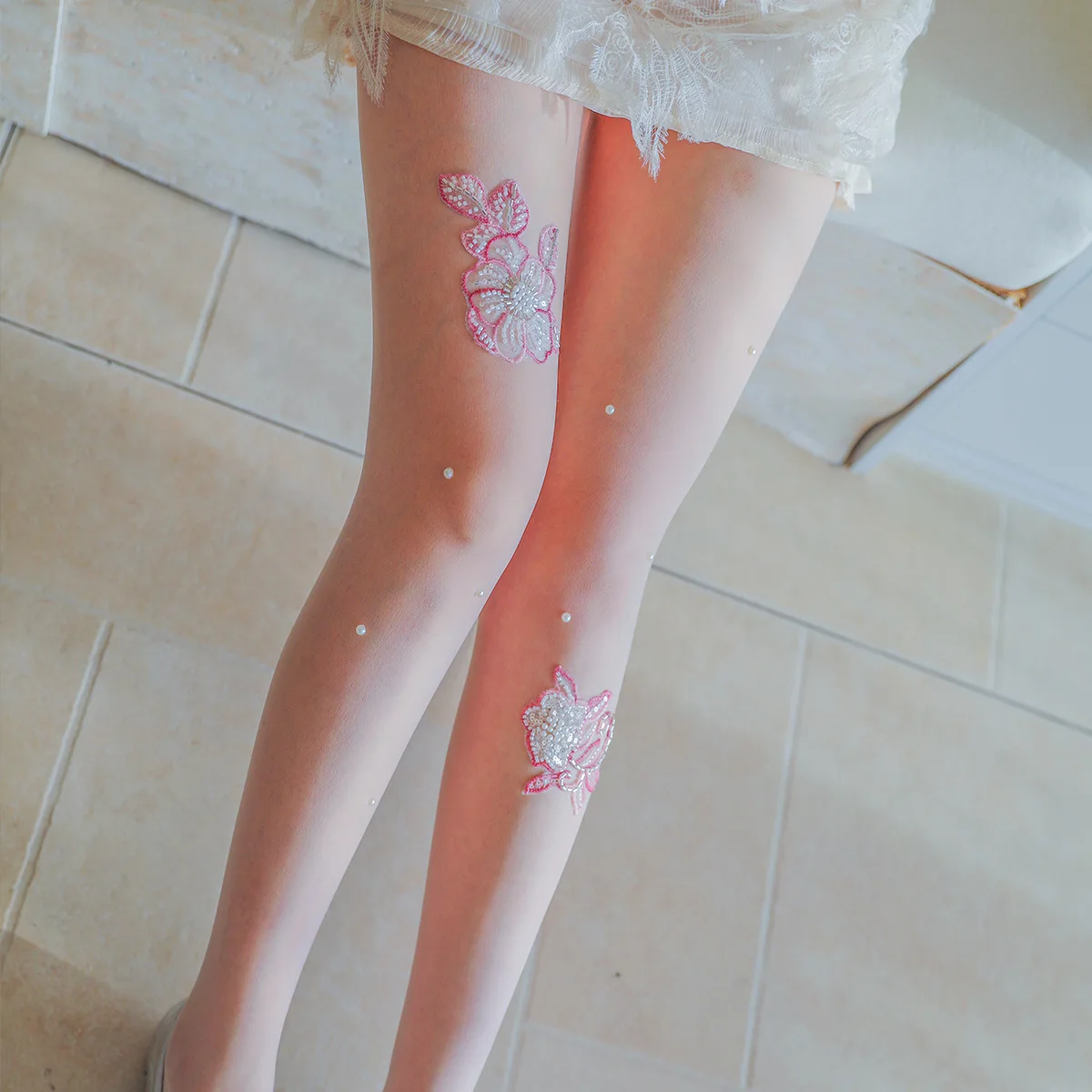 Girls Pure Desire Wind Rose Hand made Diamond Stockings Glitter Powder Embroidered Flower Pantyhose Summer Ultra thin Sexy
