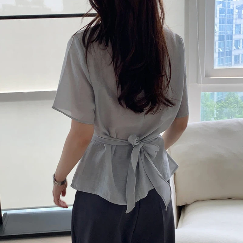 الصيف قصيرة الأكمام تي شيرت الدانتيل متابعة متقاطع الصلبة القمم بلوزة الكورية موضة فضفاضة عادية تيز القمصان