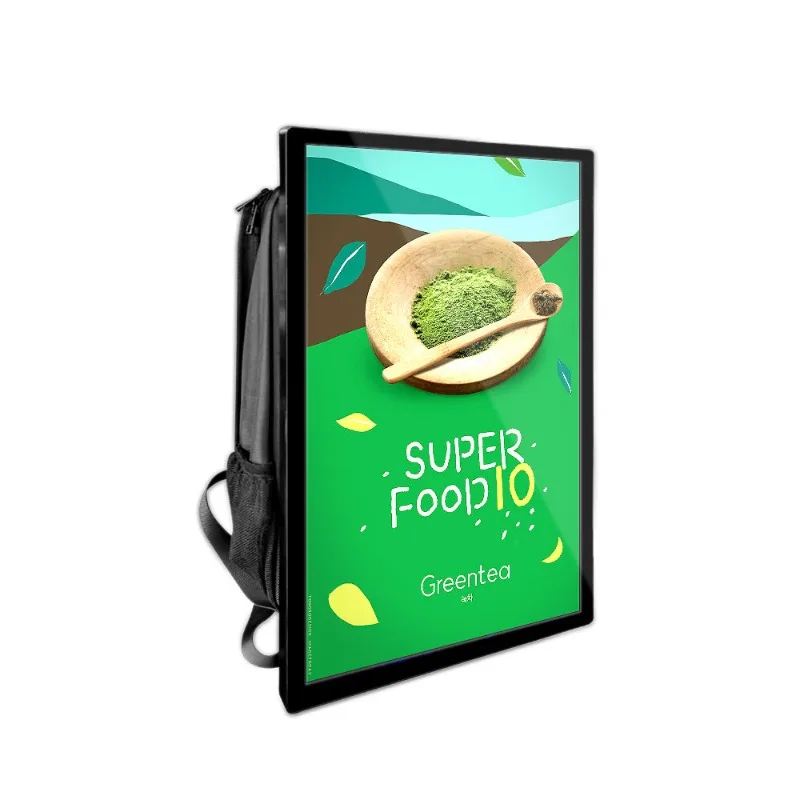 Vertical advertising lcd panel digital media player screen portable poster 21.5 inch mobile backpack walking billboard