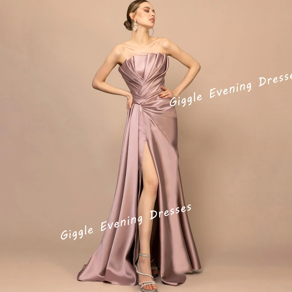 Giggle Satin Strapless Pleating A-Line Elegance Prom Gown Saudi Arab Slit Floor-Length Evening Party Dresses for Women 2024