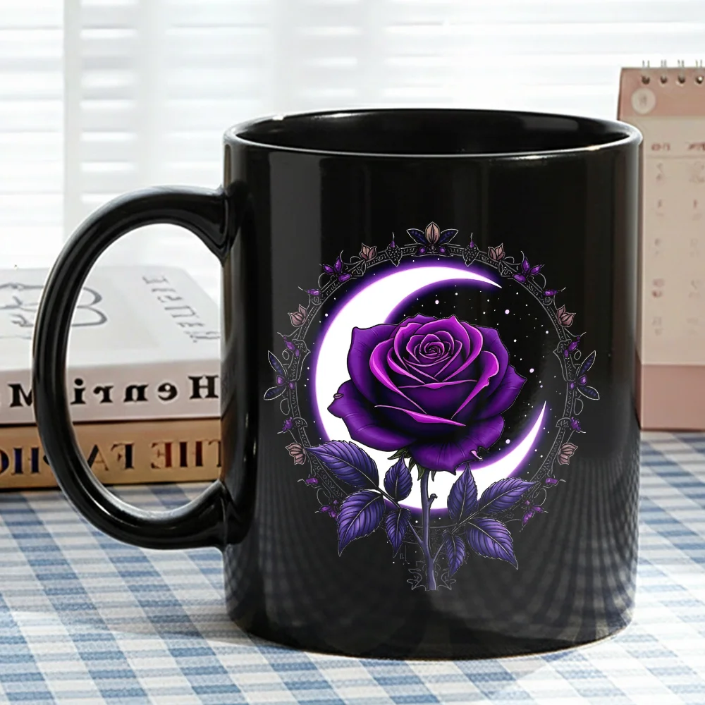 11oz Black Ceramic Mug Gothic Purple Rose Crescent Moon Coffee Cup Vintage Witch Design Unique Birthday Gift for Girlfriend Home