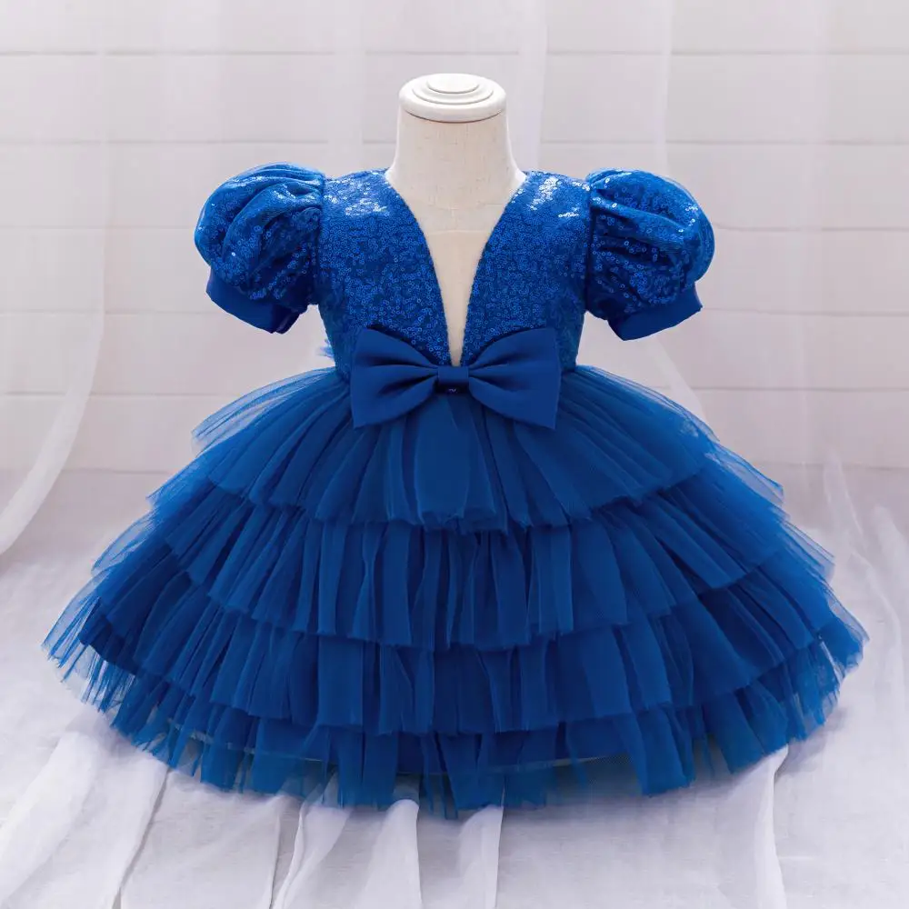 Girls' New Sequin Bow Bubble Sleeves Multi-Layer Mesh Sweet and Cute Princess Dress Wedding Flower Girl Evening Dress