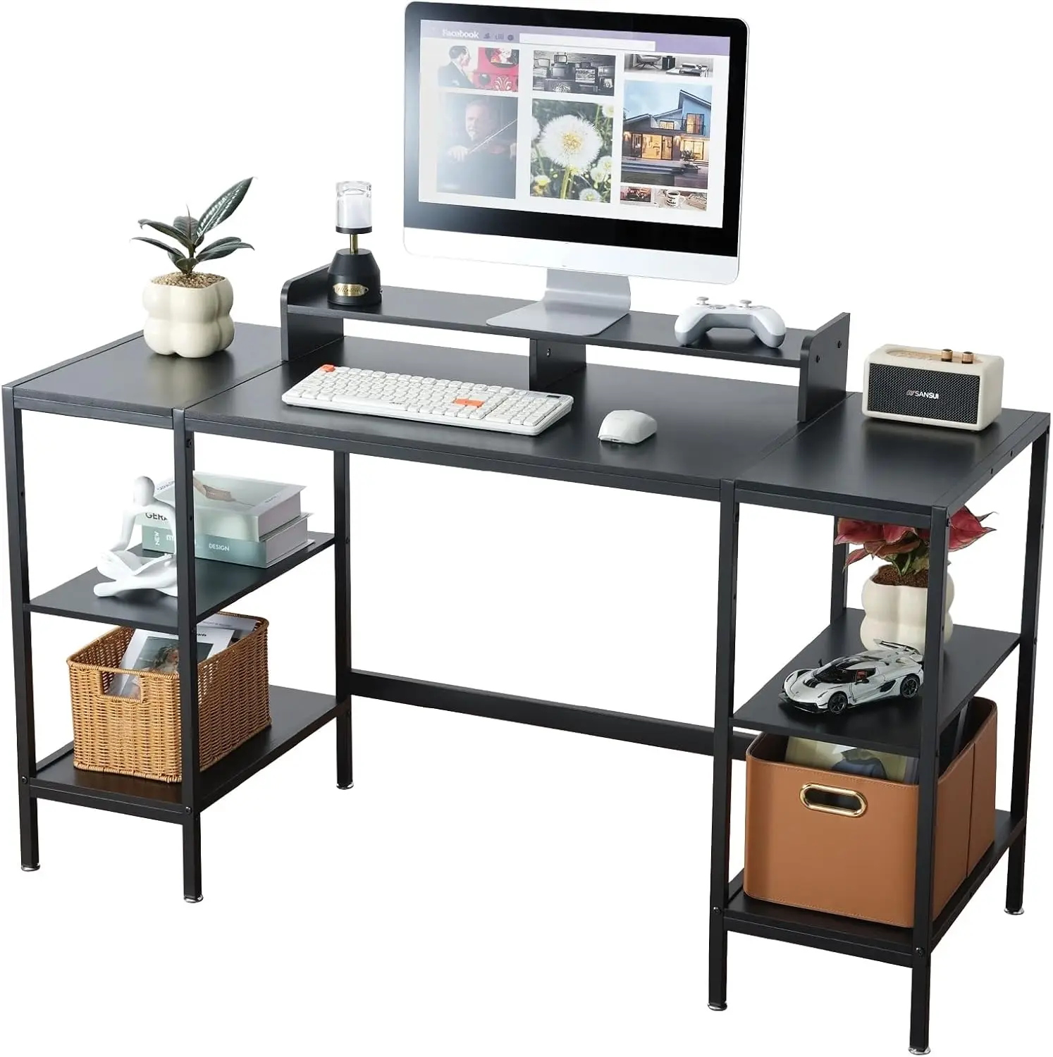 

55-inch Computer Desk with Storage Shelf - Black Gaming & Writing Desk for Small Spaces