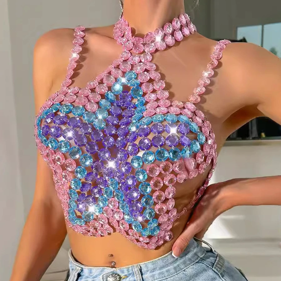 

Women's Beading Crystal Patchwork Flower Tops Chain Spaghetti Strap Backless Sleeveless Camios Crop