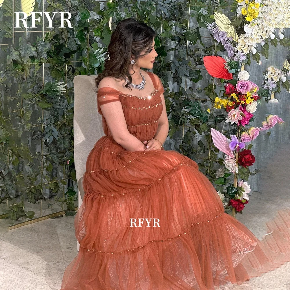

RFYR Off Shoulder Evening Dress Long Princess Dress Beading Prom Dress Pleated Party Gown فساتين مناسبة Customized