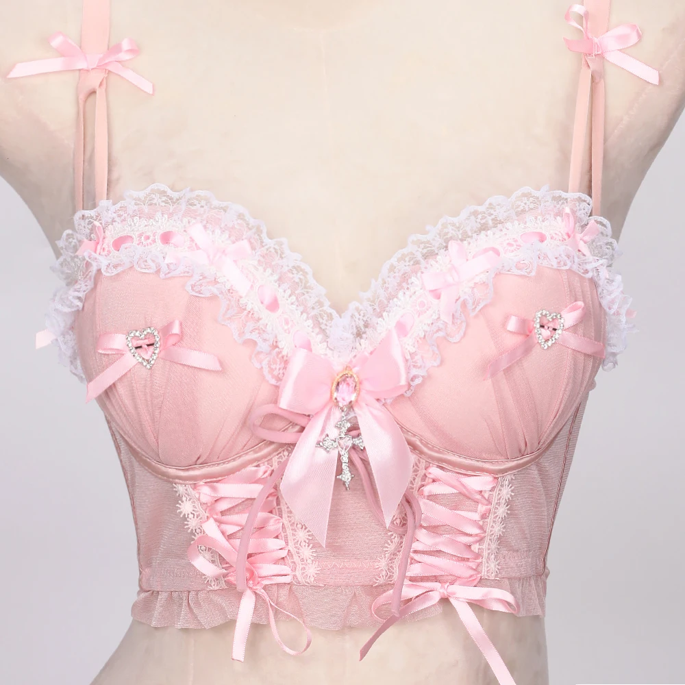 Women's Y2K Emo Goth Lolita Grunge Tank Top Kawaii Pastel Gothic Altgoth Pink Rock Cute Bow Rave Festival Corset Bra Clothing