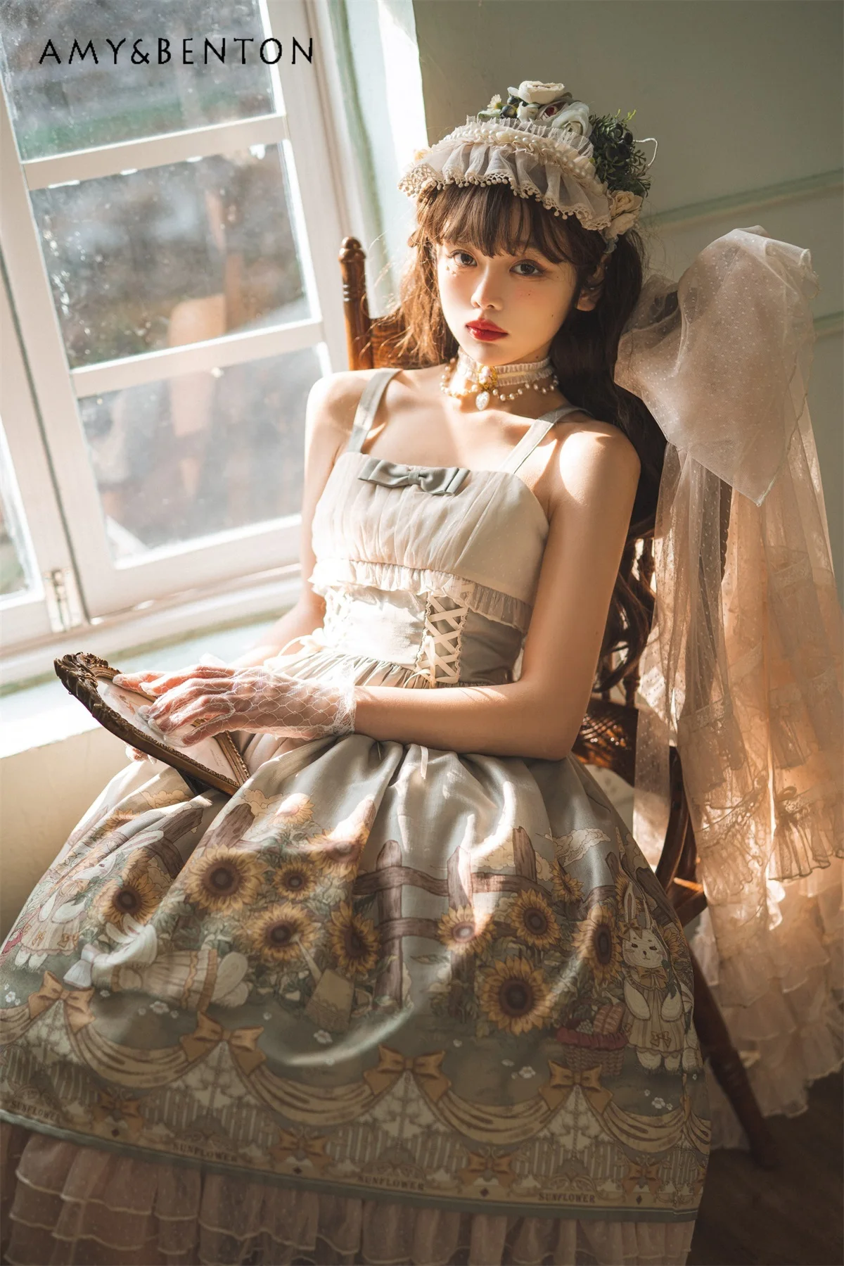 

2025 Summer Sunflower Print Lolita Strap Dress with Blouse Two-Piece Set Daily Elegant Girl Lolita Slim High Waist Dress