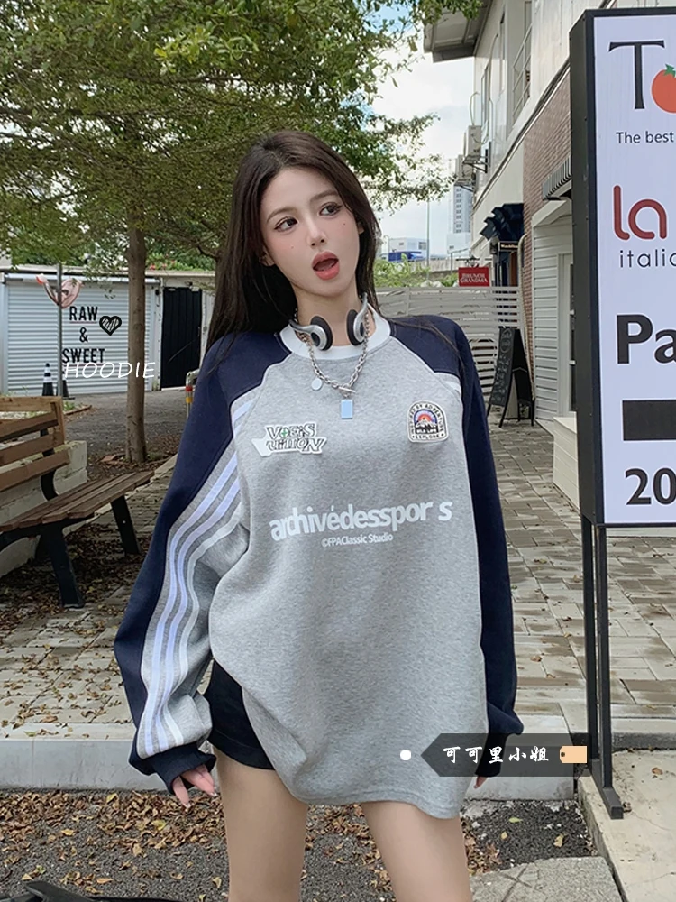 

Women Clothing Vintage Street Sweatshirt Splicing Y2K Letter Printing Round Neck Pullover Long Sleeves Warm Oversize Ladies Tops