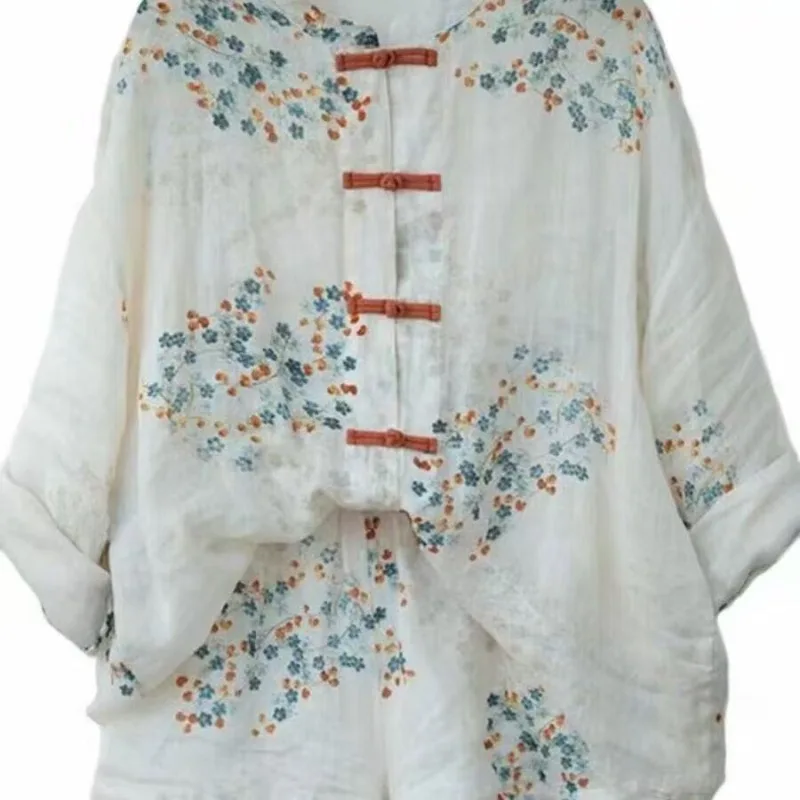 Spring and Summer New Chinese Literary and Fresh Printing Antique Light Shirt Casual Shorts Two-piece Set Temperament Commute