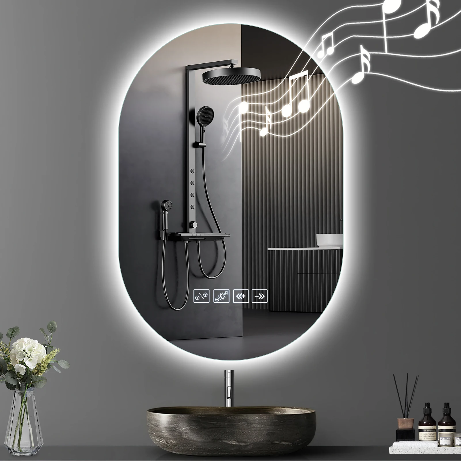 Ovale vorm LED-verlichte badkamerspiegel met Blue Tooth-luidspreker Slimme LED-ijdelheid 3-kleurtemperaturen Anti-condens muurmake-upspiegel - afbeelding 2