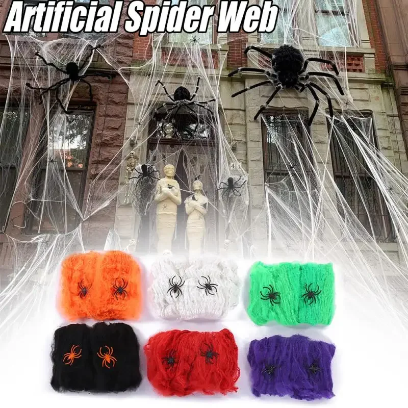 Halloween Decorations Artificial Spider Web Super Stretch Cobwebs with Fake Spiders Scary Party Scene Decor Horror House Props