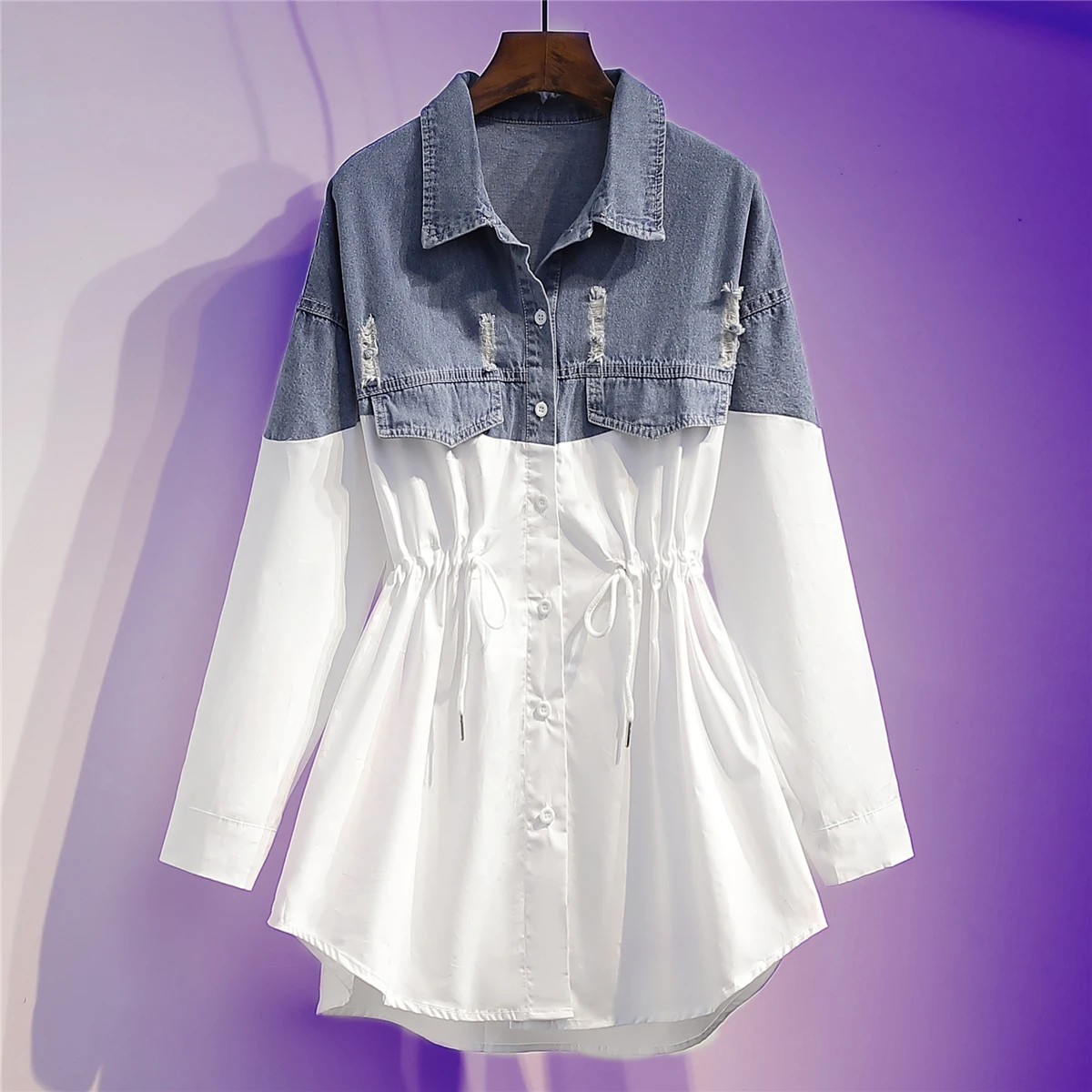 

SuperAen 2022 Spring New Oversized Turn Down Collar Full Casual Denim Shirt Drawstring Fake Two Women Tops