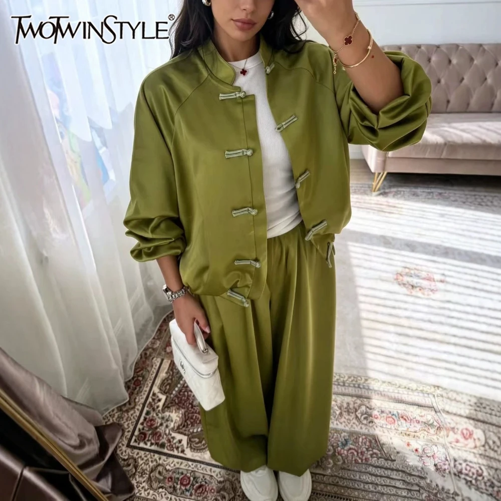 TWOTWINSTYLE Solid Spliced Buttons Two Piece Set Female Stand Collar Long Sleeve Top Retro Chinese Women's Trousers Sets Fashion