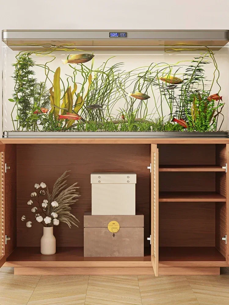 Solid Wood Rattan Living Room Aquarium Base Cabinet Aquarium Base Storage Customization Office Company Fish Tank Table Shelf