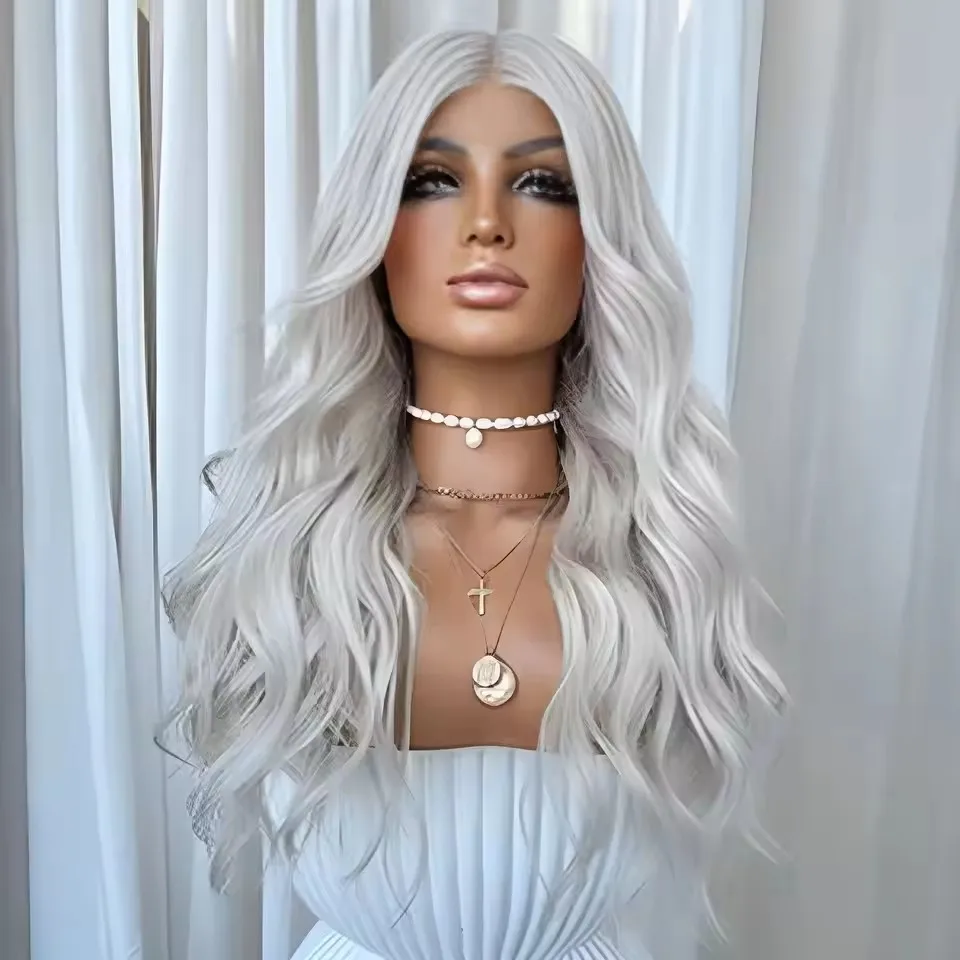 Synthetic Hair Transparent Lace Silver Blonde Body Wave Lace Front Wig For Women Glueless Pre Plucked Cosplay Daily Wear Fiber