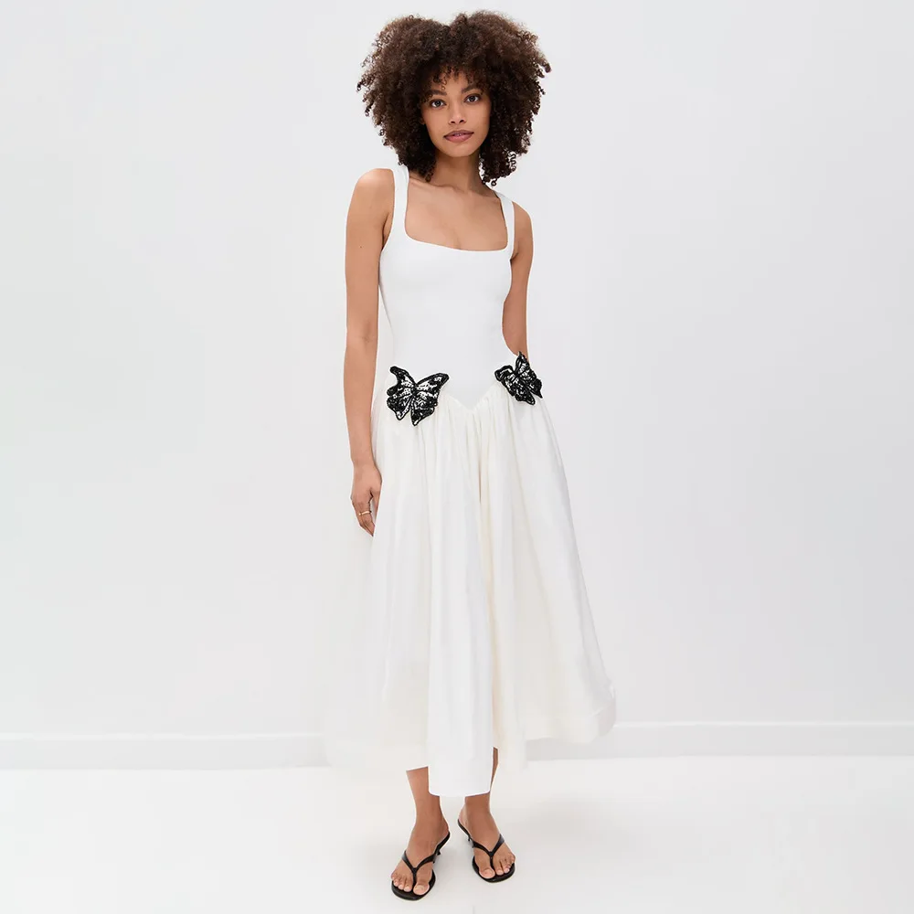 

Stylish White Square Neck Sleeveless Ruched Dress Black Diamond Bow A-Line Midi Gown for Dinner Date and Art Gallery Visit